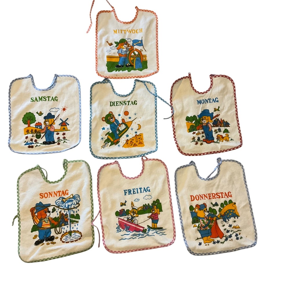 Bambino Vintage Baby Bibs Set 7 Days of Week Cartoon Animals‎ German